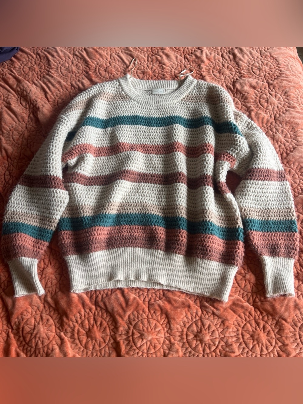 Altar’d State Striped Knit Crewneck Sweater in Cream with Teal & Dusty Rose